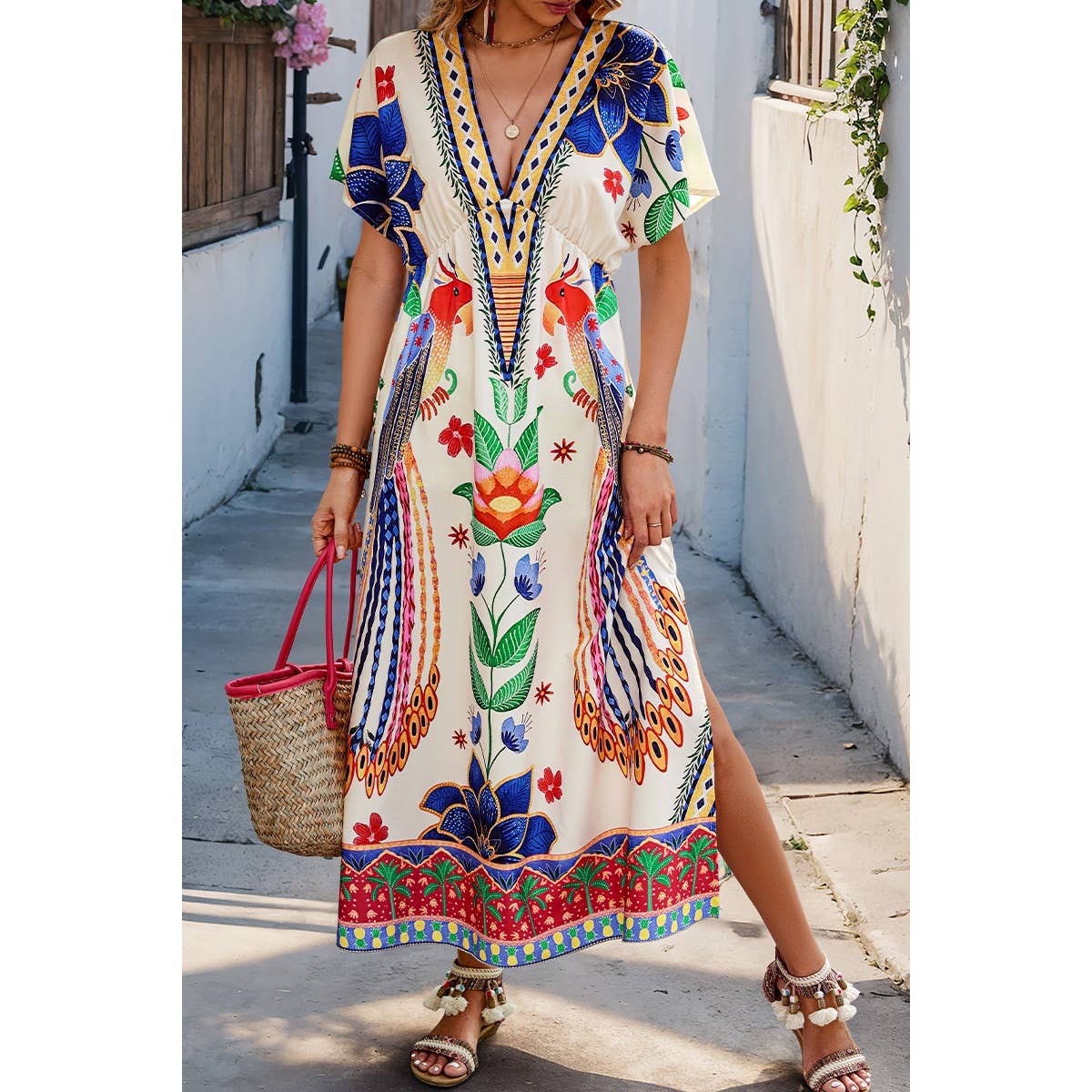 Floral Deep V Neck Batwing Sleeve Tropical Dress