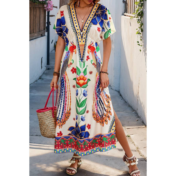 Floral Deep V Neck Batwing Sleeve Tropical Dress