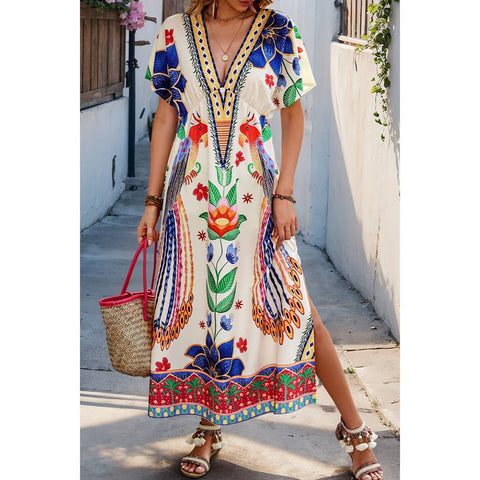 Floral Deep V Neck Batwing Sleeve Tropical Dress