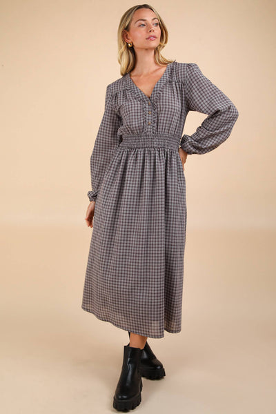 V-Neck Smocking Plaid Midi Dress