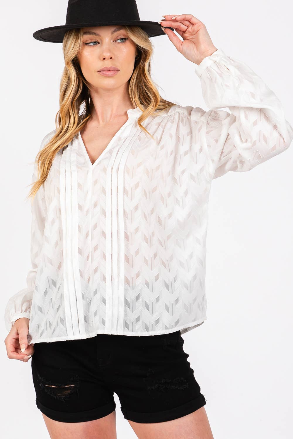 Jacquard V Neck Textured Top in White