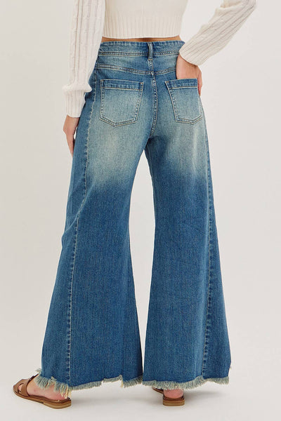 Mid Rise Wide Leg Frayed Hem Denim