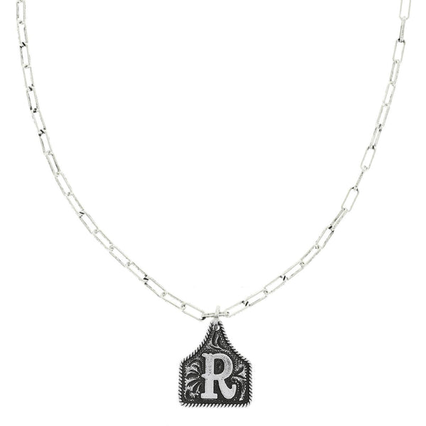 Western Letter Initial Etched Cattle Tag Pendant Necklace