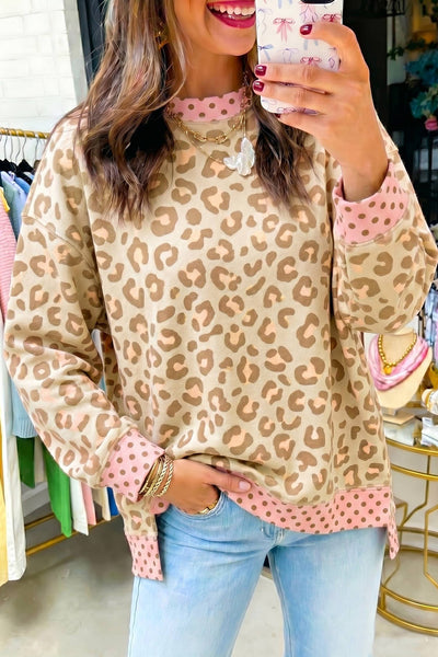 Leopard Polka Dot Trim Top in Khaki