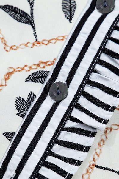 Floral Print Striped Button Neck Short Sleeve Blouse