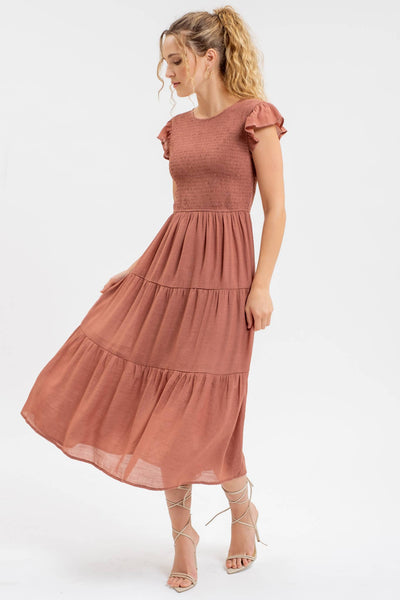 Smocked Tiered Dress in Terracotta