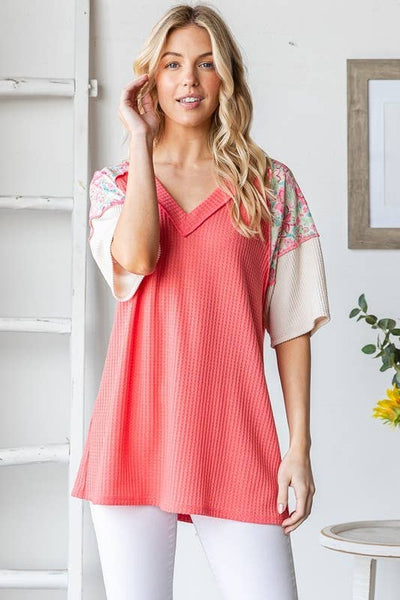 Waffle V Neck Floral Sleeve Top in Coral