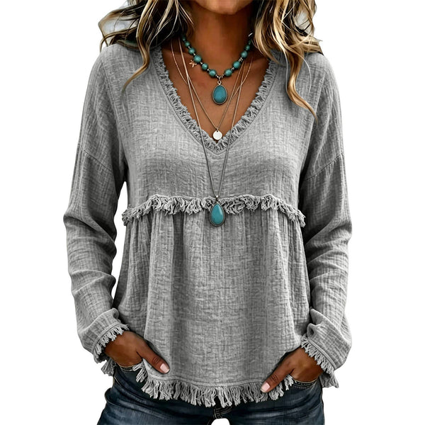 Frayed Trim V-Neck Long Sleeve Top in Gray