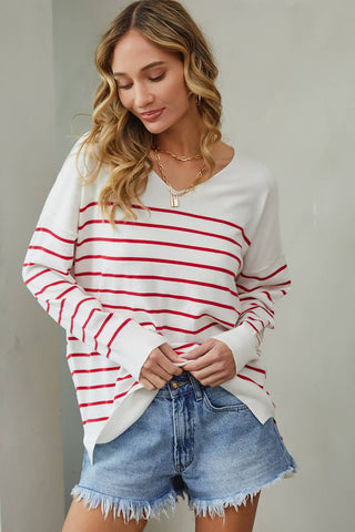 Oversized Striped Sweater in Ivory / Red