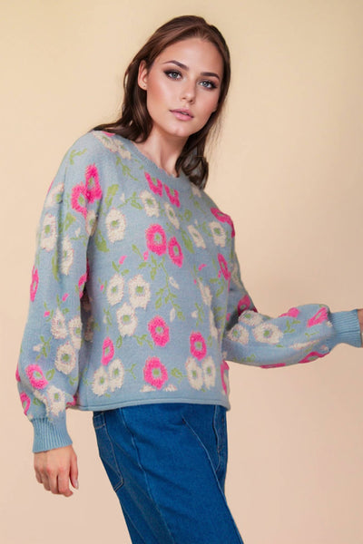 Oversized Floral Textured Sweater Top in Sky Blue