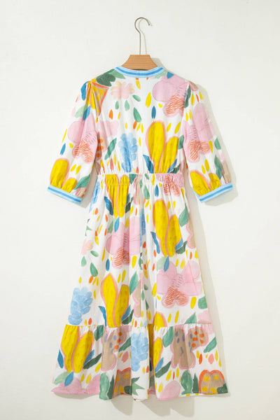 Floral Doodle Print Striped Trim V Neck Midi Dress