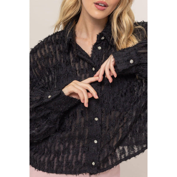 Fuzzy Button Down Blouse with Crystal Buttons