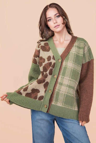 Leopard & Plaid Graphic Knit Sweater Cardigan