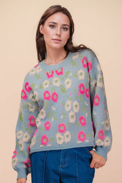 Oversized Floral Textured Sweater Top in Sky Blue