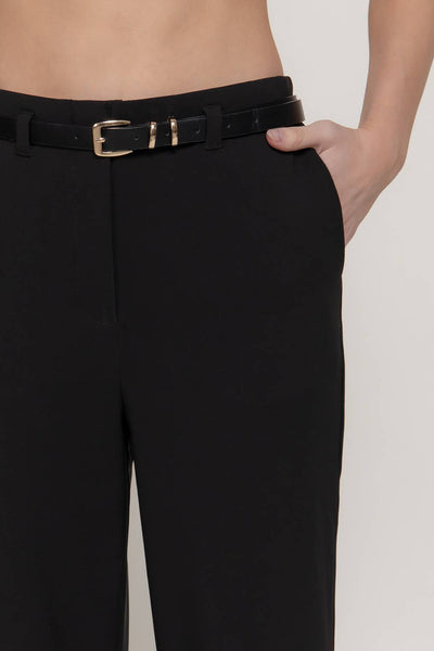 Belted Straight Pants with Cuffed Hem in Black