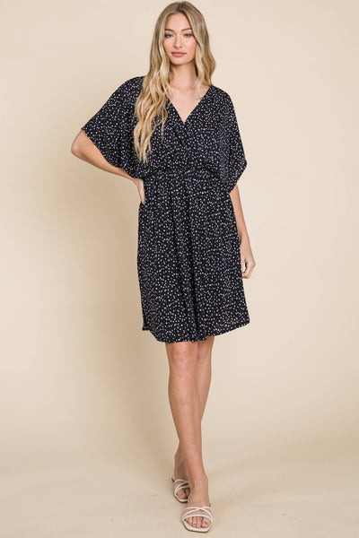 Faux Wrap V Neck Polka Dot Dress