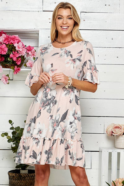 Floral Dress with Ruffle in Pale Pink