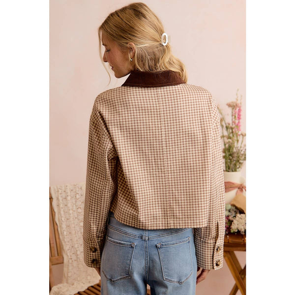 Cropped Gingham Jacket with Corduroy Collar