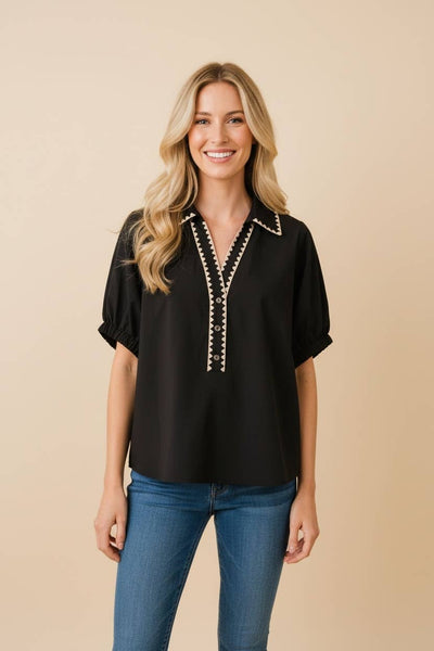 Embroidered Trim Puff Sleeve Blouse