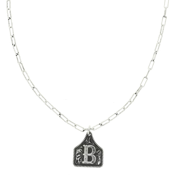 Western Letter Initial Etched Cattle Tag Pendant Necklace