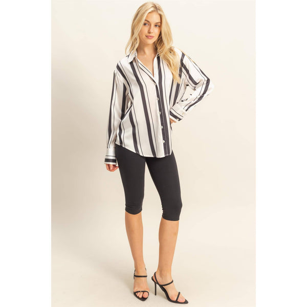 Versatile Striped Silhouette Button-Down Shirt in Black