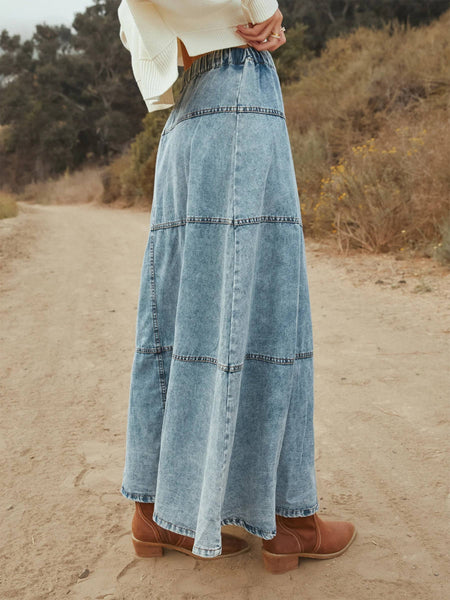 Layered Patchwork Denim Maxi Skirt