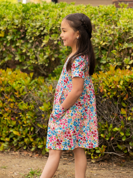 Spring Pattern Little Girls Pocket Dress in Multicolor Floral