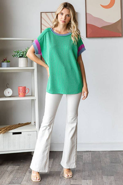 Ribbed Color Block Top in Kelly Green