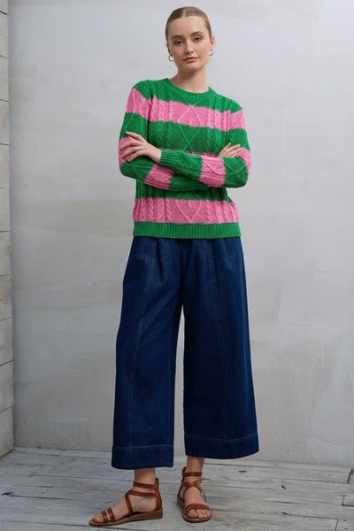 Cable Knit Striped Sweater in Green/Pink