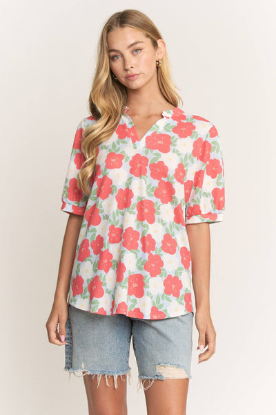 Floral Puff Sleeve Split Neck Top