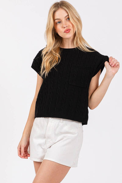 Cable Knit Short Sleeve Sweater in Black