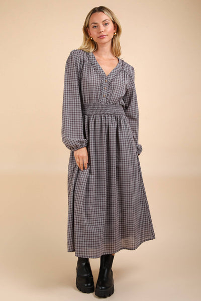 V-Neck Smocking Plaid Midi Dress