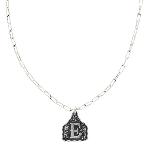 Western Letter Initial Etched Cattle Tag Pendant Necklace