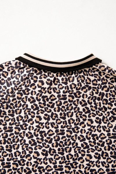 Leopard Half Zip Stripe Mock Neck Top