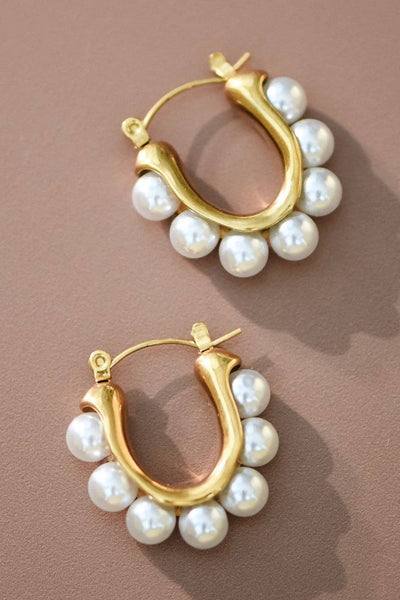 18K Gold Plated Waterproof Stainless Steel Pearl Hoop Earrings