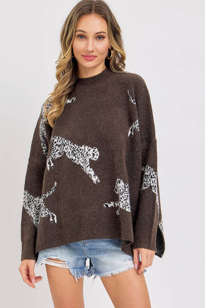 Leopard Patterned Oversized Sweater in Brown