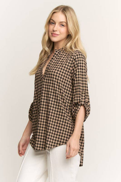 Gingham Checked Three Quarter Sleeve Top