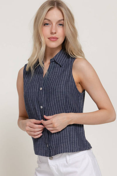 Sleeveless Striped Linen Effect Shirt in Navy