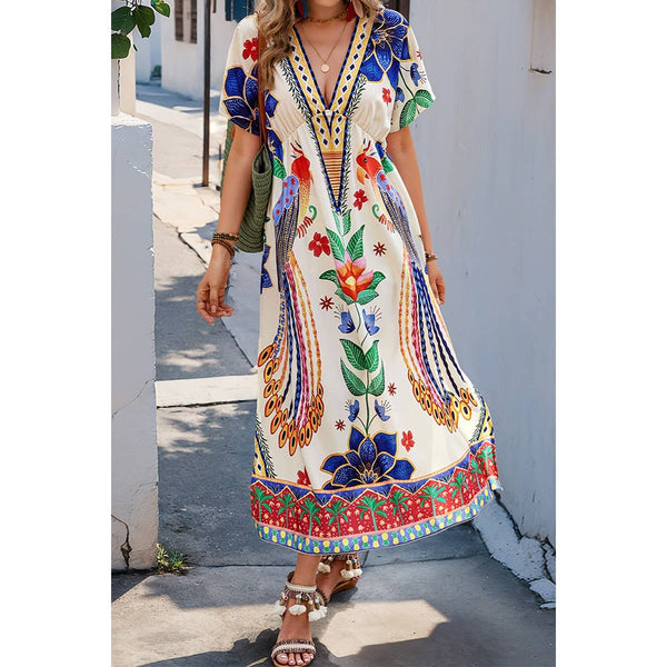 Floral Deep V Neck Batwing Sleeve Tropical Dress