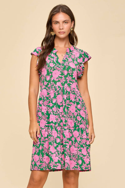 Flutter Sleeve Tiered Forever Dress in Emerald Pink
