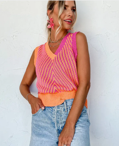 Contrast Chevron Knit V Neck Sweater Vest