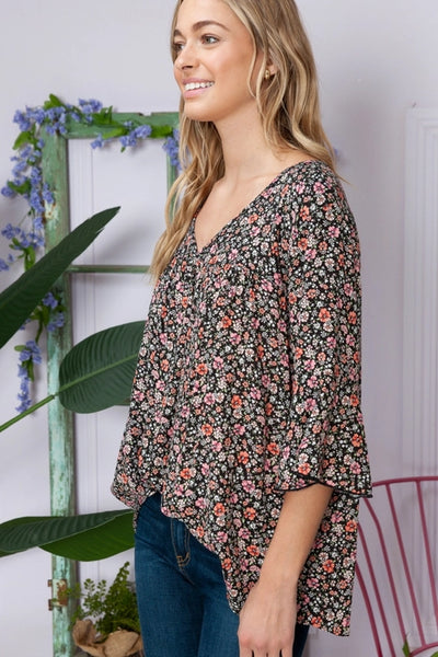 Floral V Neck Ruffle Sleeve Top in Black