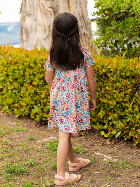 Spring Pattern Little Girls Pocket Dress in Multicolor Floral