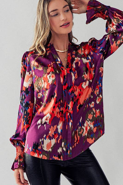 V Neck Jacquard Long Sleeve Satin Top