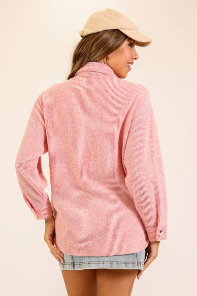Brushed Waffle Button-Up Shacket in Red