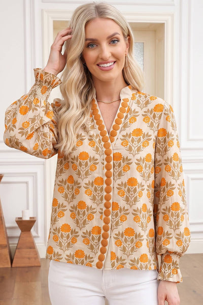 Boho Floral Print Bubble Sleeve Top