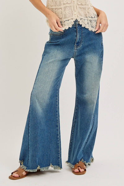 Mid Rise Wide Leg Frayed Hem Denim