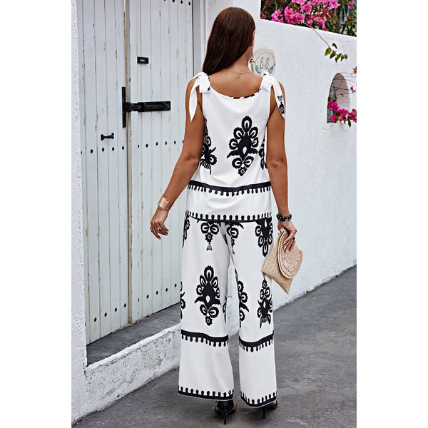 Geometric Print Knot Shoulder Pant Set
