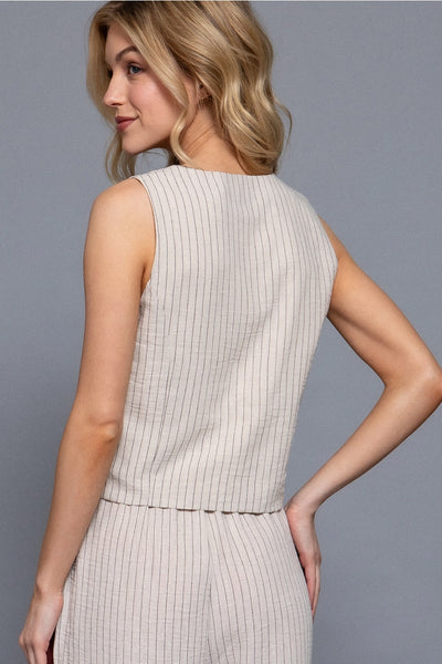V-Neckline Front Button Closure Linen Effect Vest in Natural