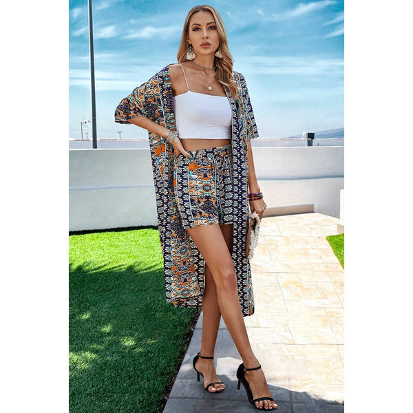 Allover Print Drop Shoulder Kimono And Shorts